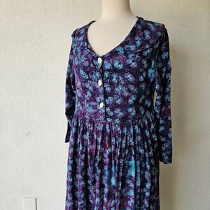 Bali Art Batik Wax Resist Blue Purple‎ Vintage 90s Rayon Teacher Dress S Small
